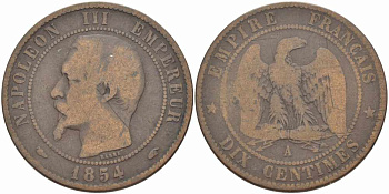 ФРАНЦИЯ 10 САНТИМОВ 1854 A, НАПОЛЕОН III (1852-1870) KM 771.1, LE FRANC 133.10 бронза 38-1013