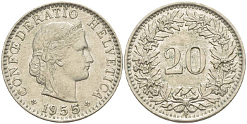 ШВЕЙЦАРИЯ 20 РАППЕНОВ 1955 В KM 29а медно-никель 4511-917