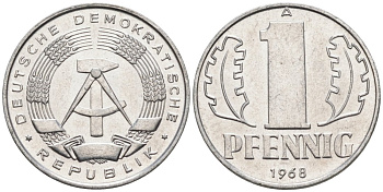 ГДР 1 пфенниг 1968 А KM 8.1 алюминий aUNC 4564-1024