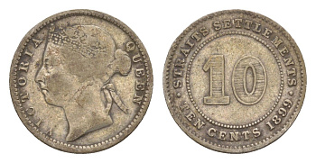 Стрейтс-Сетлментс (Стрейтс Сетлментс) 10 центов 1899 Виктория (1837-1901) KM 11 серебро 1519-1043