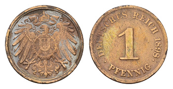 Германия 1 пфенниг 1898 D, Вильгельм II (1888-1918) KM 10, J. 10 медь 4630-651
