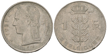 Бельгия 1 франк 1951 Belgique, Бодуэн I (1951-1993) KM 142 медно-никель 4618-458