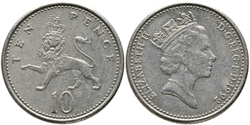 Великобритания 10 пенсов 1992 Елизавета II (1952-2022) KM 938b, Spink 4367 (F4) медно-никель 65-953