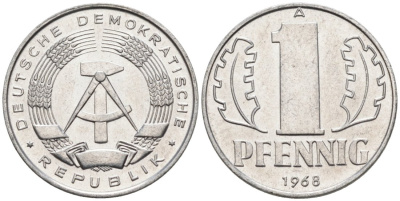 ГДР 1 пфенниг 1968 А KM 8.1 алюминий aUNC 4564-1024