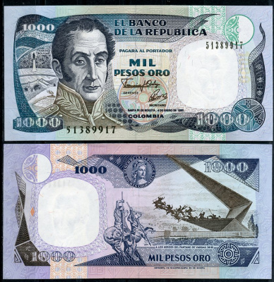 Колумбия 1000 песо 1993 El Banco de la Republica, портрет Симона Боливара, памятник героям Пантано-де-Варгас Pick 432A  бумага  UNC (пресс) 448-147-3