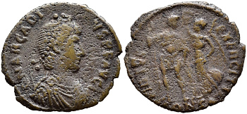 Римская Империя центенионалий 395-401 Аркадий VIRTVS EXERCITI Константинополь (степень редкости R3) Very fine RIC 60 бронза 270-334