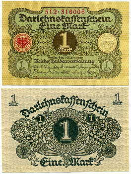 Германия 1 марка 1920 1 марта 1920, Веймарская республика Pick 58, Розенберг 64 бумага аUNC 7547-11-1