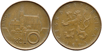 Чехия 10 крон 1993 кафедральный собор, город Брно KM 4 сталь плакированная медью 4397-412