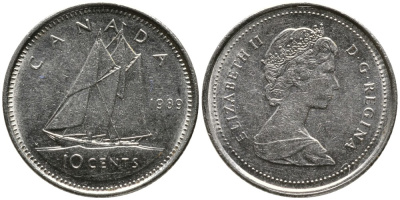 КАНАДА 10 ЦЕНТОВ 1989 ЕЛИЗАВЕТА II (1952-), ПАРУСНИК, ВТОРОЙ ПОРТРЕТ В КОРОНЕ KM 77.2 никель 4532-835