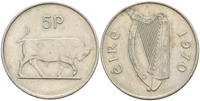 Ирландия 5 пенсов 1970 бык KM 22 медно-никель 4150-941