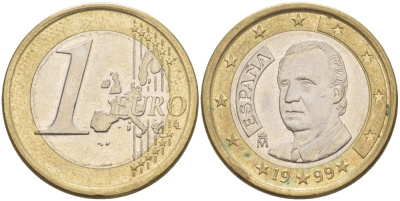 ИСПАНИЯ 1 ЕВРО 1999 ХУАН КАРЛОС I KM 1046 биметалл 4543-252