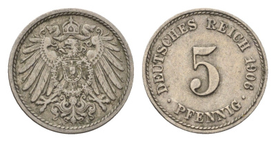 Германия 5 пфеннигов 1906 A KM 11, J. 12 медно-никель 4696-629