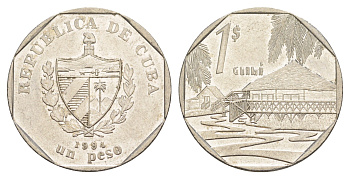 Куба 1 песо 1994 хижины Гуама KM 579 сталь плакированная никелем 4648-1143