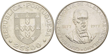 Португалия 25 эскудо 1977 100 лет со дня смерти Александро Геркулано KM 608 медно-никель 4542-823