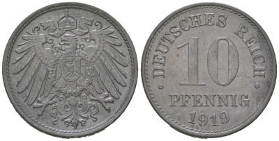 Германия 10 пфеннигов 1919 KM 26, J. 299 цинк 4115-1049