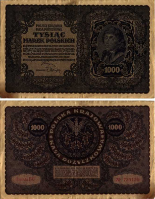 ПОЛЬША 1000 МАРОК 1919 23 АВГУСТА 1919, ТРЕТИЙ ВЫПУСК, ПОРТРЕТ КОСТЮШКО Pick 29 бумага VF 8607-18-1