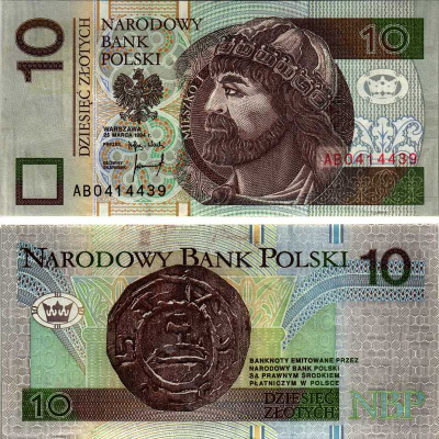 ПОЛЬША 10 ЗЛОТЫХ 1994 (1995) 25 МАРТА 1994, ПЕРВЫЙ ПОЛЬСКИЙ КНЯЗЬ МЕШКО I (930-992) Pick 173а бумага XF 7487-35-2-1