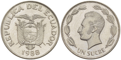 ЭКВАДОР 1 СУКРЕ 1988 АНТОНИО ХОСЕ де СУКРЕ KM 89 сталь плакированная никелем UNC 66-919