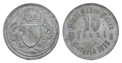 Баден-Баден 10 пфеннигов 1919 Funck 26.1, Men05 1200.1, Men18 1558.1 цинк 4659-343