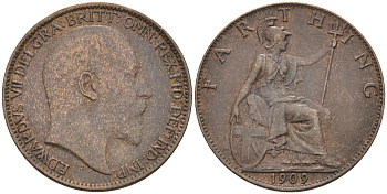 Великобритания 1 фартинг 1909 Эдуард VII (1901-1910), KM 792, Spink 3992 бронза 4588-516