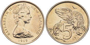 Новая Зеландия 5 центов 1969 Елизавета II (1952-2022), ящерица гаттерия KM 34 медно-никель UNC 4143-1057