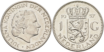 Нидерланды 1 гульден 1957 Юлиана (1948-1980) KM 184 серебро 190-1223