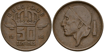 Бельгия 50 сантимов 1955 Belgique, Бодуэн I (1951-1993) KM 144 бронза 4154-1048