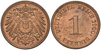Германия 1 пфенниг 1900 J, Вильгельм II (1888-1918) KM 10, J. 10 медь aUNC 1525-621