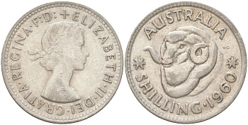 Австралия 1 шиллинг 1960 M, Елизавета II (1952-2022), овца меринос KM 59 серебро 4622-226