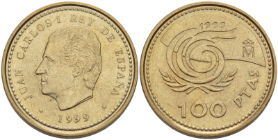 Испания 100 песет 1999 международный год пожилых людей, Хуан Карлос I (1975-2001) KM 1006 алюминиевая бронза 4185-836