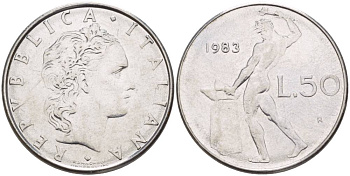 ИТАЛИЯ 50 ЛИР 1983 R, БОГ ОГНЯ ВУЛКАН У НАКОВАЛЬНИ KM 95.1 нержавеющая сталь 4551-413