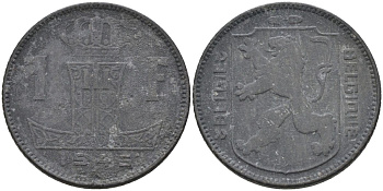 Бельгия 1 франк 1945 Belgie-Belgique KM 128 цинк 4126-147
