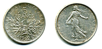 Франция 5 франков 1962 сеятель KM 926, LE FRANC 340.6 серебро 37-826