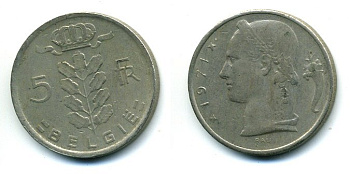 БЕЛЬГИЯ 5 ФРАНКОВ 1971 BELGIE KM 135.1 медно-никель 25-1445