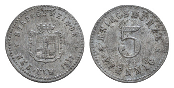 Ной-Ульм 5 пфеннигов 1917 Funck 378.1, Men18 23462.1 цинк 4659-231
