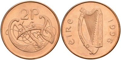 Ирландия 2 пенсов 1996 Виньетка в виде стилизованной птицы из второй библии Карла II Лысого KM 21a бронза 4140-315