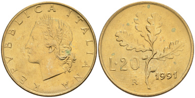 Италия 20 лир 1991 R, дубовый лист KM 97.2 алюминиевая бронза  UNC  4594-835