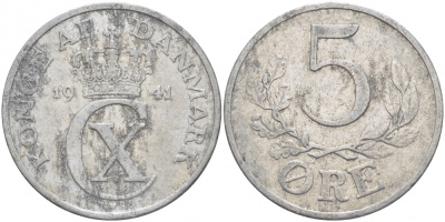 ДАНИЯ 5 ЭРЕ 1941 N ; S, КРИСТИАН X (1912-1947) KM 834 алюминий 87-1416