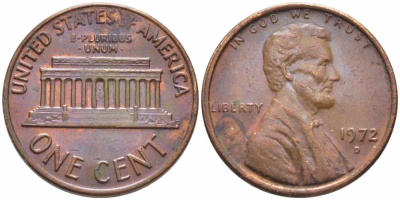 США 1 ЦЕНТ 1972 D, ЛИНКОЛЬН KM 201 медь цинк 112-411