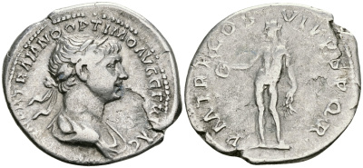 Римская Империя денарий 114 - 117 Траян PM TR P COS VI PP SPQR Гений, держащий патеру и колосья пшеницы Рим Very fine RIC 303 серебро 1073-4-1-7