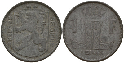 Бельгия 1 франк 1943 Belgique - Belgie, Леопольд III (1934-1947), германская оккупация, Вторая мировая война KM 127 цинк 4161-526