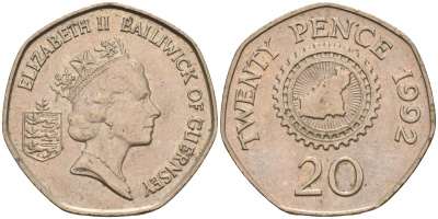 Гернси 20 пенсов 1992 KM 44 медно-никель 4143-1234