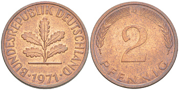 ФРГ 2 ПФЕННИГА 1971 D KM 106а, J. 381а сталь плакированная сталь плакированная медьюю 4181-763