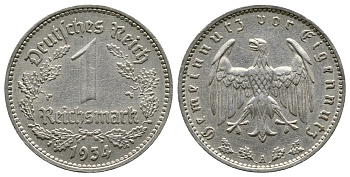 ГЕРМАНИЯ 1 РЕЙХСМАРКА 1934 А KM 78, J. 354 никель 4380-532