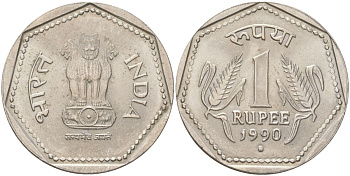 Индия 1 рупия 1990 круг - монетный двор Ноида KM 79.1 медно-никель UNC 4142-332