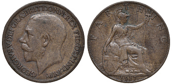 Великобритания 1 фартинг 1917 Георг V (1910-1936), темная отделка KM 808.1, Spink 4059 бронза 4609-1038