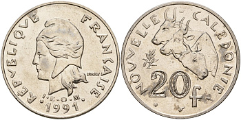 Французская Новая Каледония 20 франков 1991 коровы KM 12 никель 4587-1223