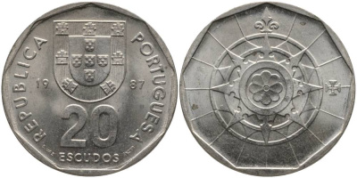ПОРТУГАЛИЯ 20 ЭСКУДО 1987 KM 634.1 медно-никель UNC 181-357