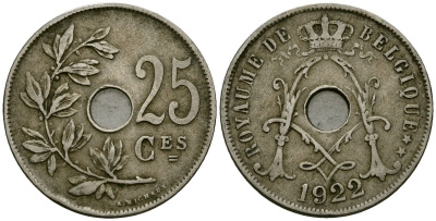 Бельгия 25 сантимов 1922 Belgique KM 68 медно-никель 4168-1246