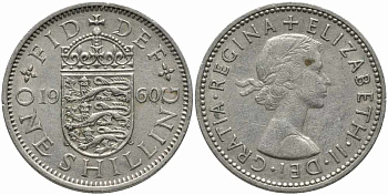Великобритания 1 шиллинг 1960 Елизавета II (1952-2022), Шотландский герб KM 905, Spink 4148 медно-никель 113-121